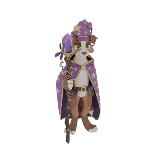 3D model of a brown and white dog wearing a purple wizard robe and hat, holding a staff with a large purple crystal.