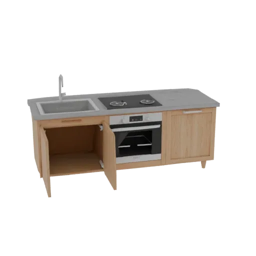 3D model kitchen unit: base cabinet with sink, hob, and oven, light wood fronts