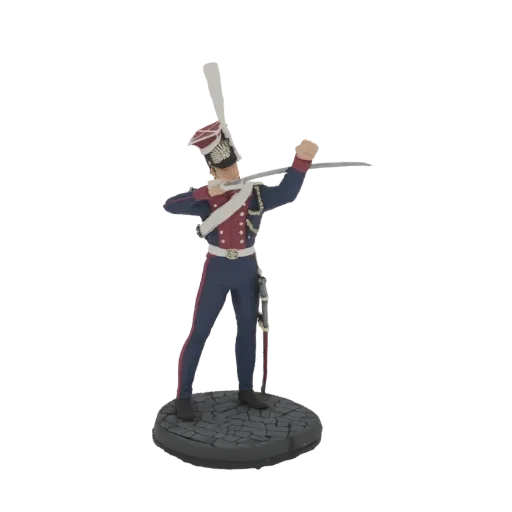 3D model of a 19th-century Hussar soldier in a blue and red uniform, holding a sword, standing on a cobblestone base.