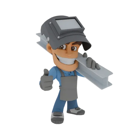 3D model of a cartoon welder wearing a welding mask and carrying a steel I-beam, giving a thumbs-up.