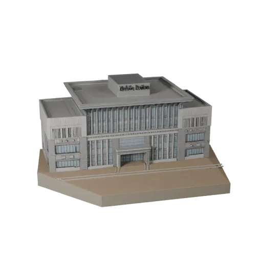 Modèle 3D de pavillon public stylisé, vue isométrique d'environnement de jeu stylisé, montrant les matériaux de bâtiment publ