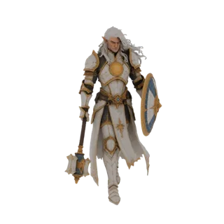3D model of an Elven Paladin in white and gold armor, holding a mace and shield, with long white hair and pointed ears.