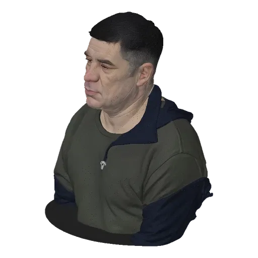 3D model render of a man with short dark hair, wearing an olive green sweatshirt with a dark grey collar and zipper detail.