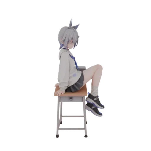 3D model of an anime girl with gray hair and bunny ears, wearing a school uniform and sitting on a wooden school chair.