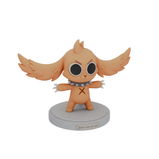 Rendu 3D d'une figurine de chien orange mignon et effrayant avec de grands yeux et un collier à pointes, debout sur un socle