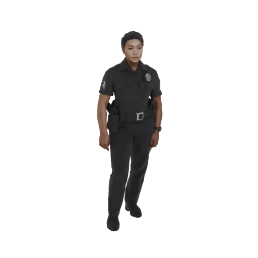 3D model of a female police officer standing, wearing a dark blue uniform with a badge and utility belt.