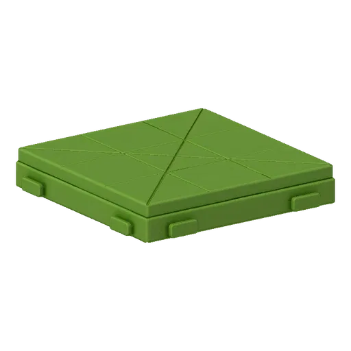 3D model of a bright green, square platform with a grid pattern on top and four interlocking tabs on the sides, presented on