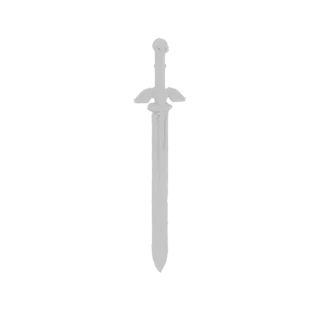 Rendu 3D d'une épée fantastique avec un pommeau en forme de crâne et une garde ailée, sur fond blanc.