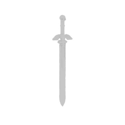 Render del modello 3D di una spada fantasy con pomolo a forma di teschio e guardia alata, su sfondo bianco.