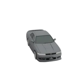 3D model of a gray, aggressive tuner sedan with a sporty spoiler, viewed from a high-angle front-right perspective.