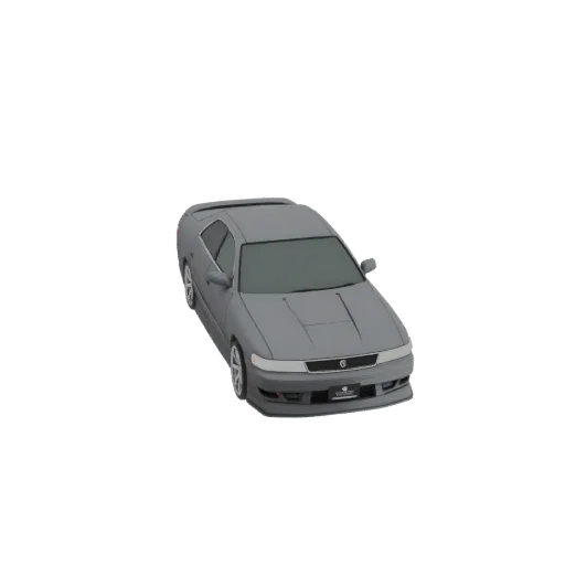 3D model of a gray, aggressive tuner sedan with a sporty spoiler, viewed from a high-angle front-right perspective.