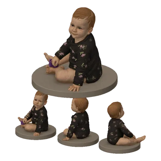 Una renderización 3D de tres figuras de bebé, cada una con un body floral y sentada sobre una base circular, con una figura m