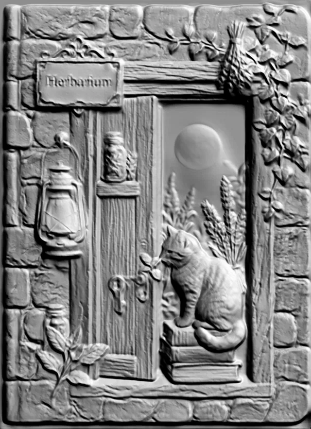 Herbarium Bas-Relief with Cat by Door