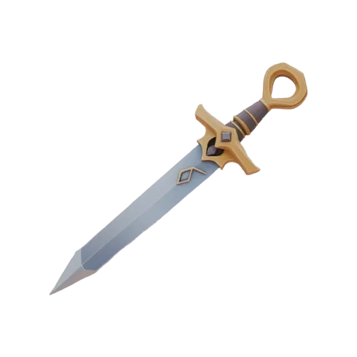 3D model of a fantasy dagger with a gold handle and a light gray blade with runic patterns.