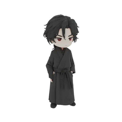 Modelo 3D de personaje chibi con cabello negro y ojos rojos, vistiendo un kimono negro con cinturón obi.