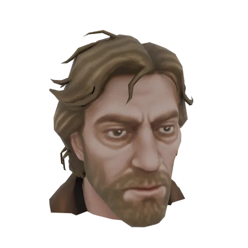 3D model of a stylized man's head with brown hair and a beard, looking forward with a serious expression.