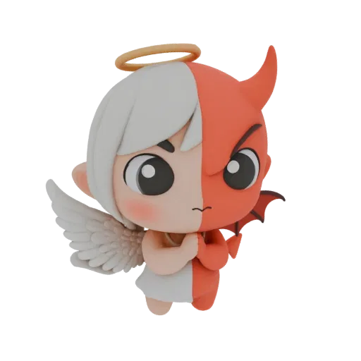 3D-Modell eines Chibi-Charakters, geteilt zwischen Engel- und Teufelshälften, mit Heiligenschein, Flügeln und Teufelshorn.