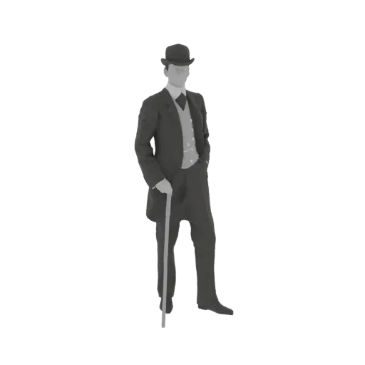 Grayscale 3D model of a Victorian gentleman in a suit, bowler hat, and holding a cane, standing with one hand in his pocket.