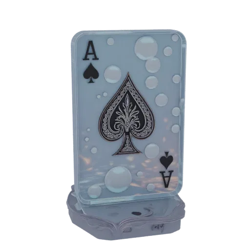 3D model of an Ace of Spades playing card with a clear bubble effect, standing on a sculpted base.