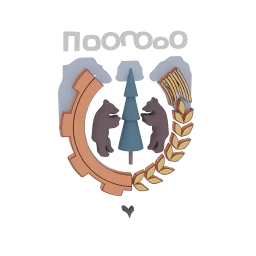 3D model render of a coat of arms with two brown bears, a green fir tree, a copper gear, and golden wheat stalks.