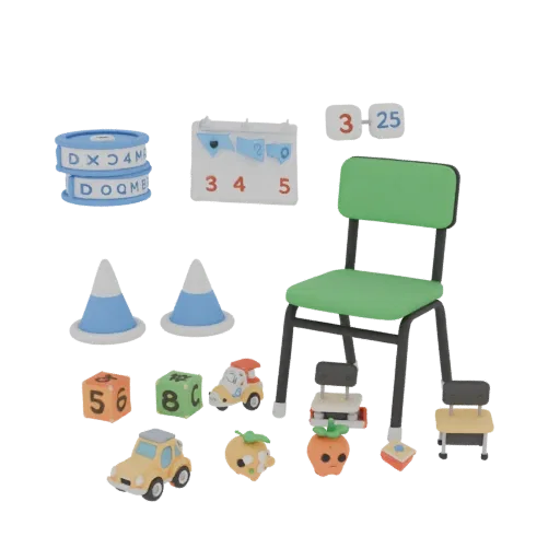 3D model of school supplies set: green chair, cones, cars, blocks, apples, and other classroom items.