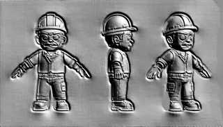 Modèle 3D de bas-relief de constructeur en casque, vues avant, latérale et arrière