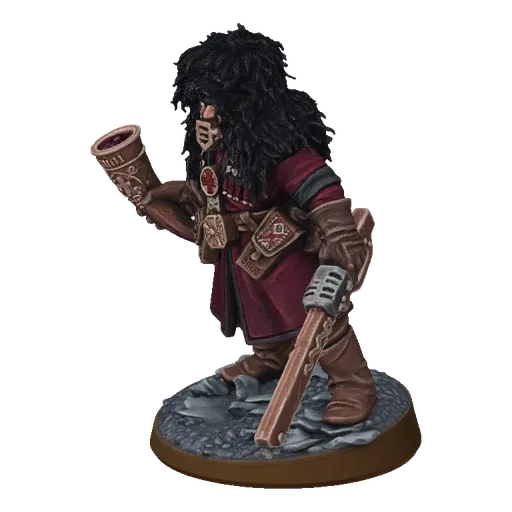 3D model of a gothic apothecary figure with dark hair, mask, red coat, holding a chainsaw and a horn, standing on a rocky bas