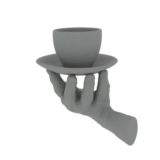 A 3D render of a gray, stylized hand holding a teacup and saucer against a black background.