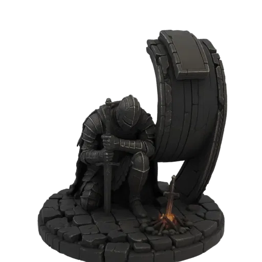 3D model of a knight in dark armor kneeling by a bonfire on a cobblestone base with a broken archway.