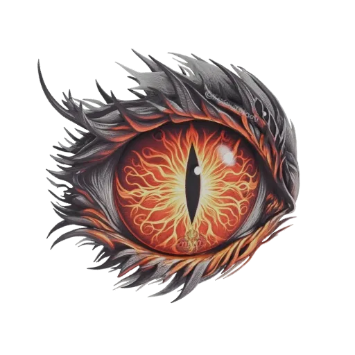 Modèle 3D d'un œil de dragon avec iris orange et jaune ardent, pupille noire acérée et écailles détaillées gris foncé et roug