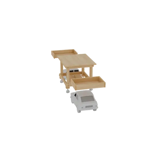 3D isometric technical blueprint render of a wooden stage prop car frame with caster wheels and extending sections.