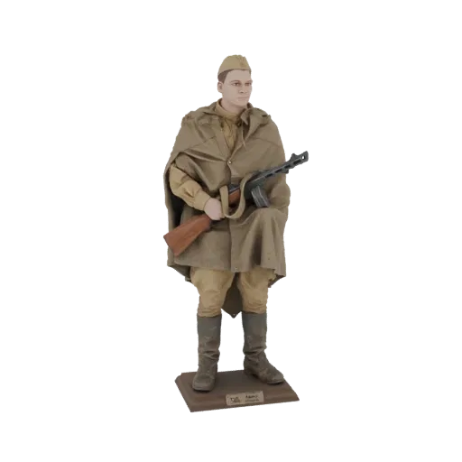 3D model of a Soviet soldier in a winter cloak, holding a PPSh-41 submachine gun, standing on a base.