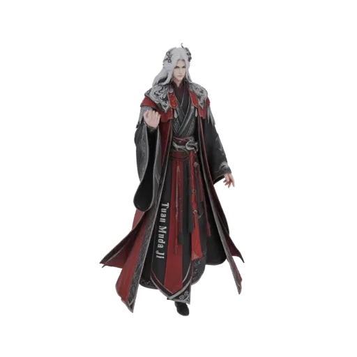 3D model of an elegant male figure with long white hair, wearing a detailed red and black robe with ornate silver patterns, s