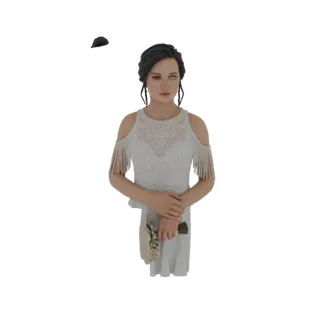 Modelo 3D de uma noiva em vestido de noiva branco segurando um buquê de rosas rosa e branco, com cabelo escuro preso.