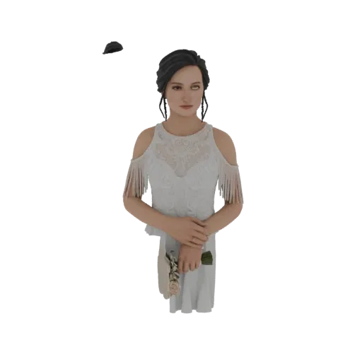3D model of a bride in a white wedding dress holding a pink and white rose bouquet, with dark hair styled up.