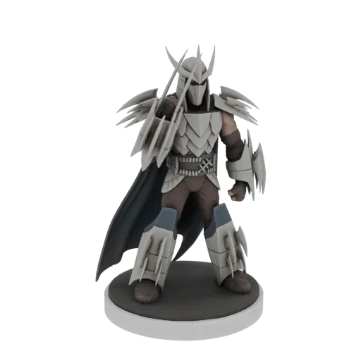 Modelo 3D de Shredder, o vilão icônico, em uma pose de ação dinâmica com sua armadura e capa.