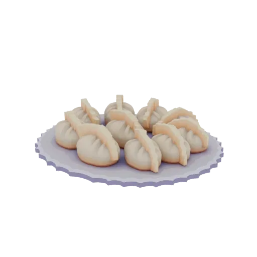 3D model of pixel art dumplings on a plate, top view