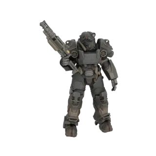 Modelo 3D de un Soldado con Armadura de Poder T-45 de Fallout en posición de combate, sosteniendo un rifle, sobre un fondo bl