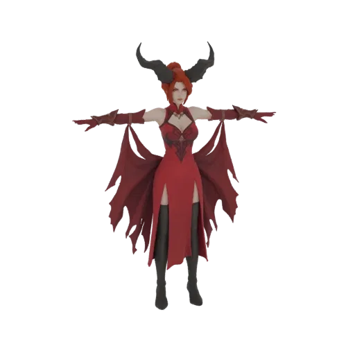 Modelo 3D de feiticeira demoníaca com cabelo vermelho, chifres pretos, vestindo um vestido vermelho e uma capa vermelha esfar