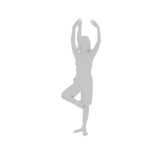 3D model of a person in a Tree Pose yoga stance, rendered in a light gray on a black background.