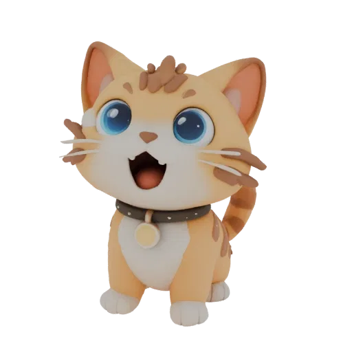 A 3D render of a cute, stylized orange tabby kitten with large blue eyes and an open mouth, looking forward with a playful ex