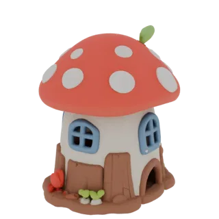 Modelo 3D de casa cogumelo de conto de fadas, estilo plasticina, com chapéu vermelho e pintas brancas, corpo branco e toco ca