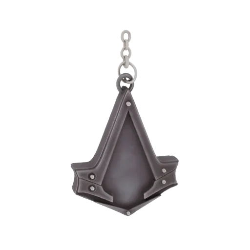 3D model of an Assassin's Creed Hidden Blade keychain, featuring a dark metallic finish and iconic triangular design.