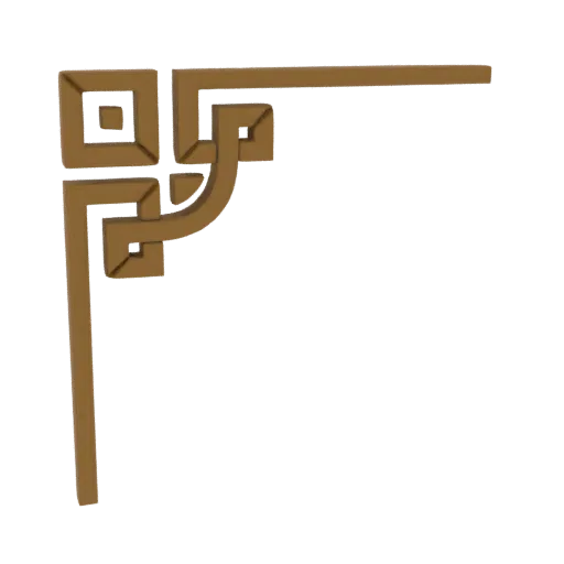 3D model of an ornate corner bracket with interlocking geometric patterns and a warm bronze finish.
