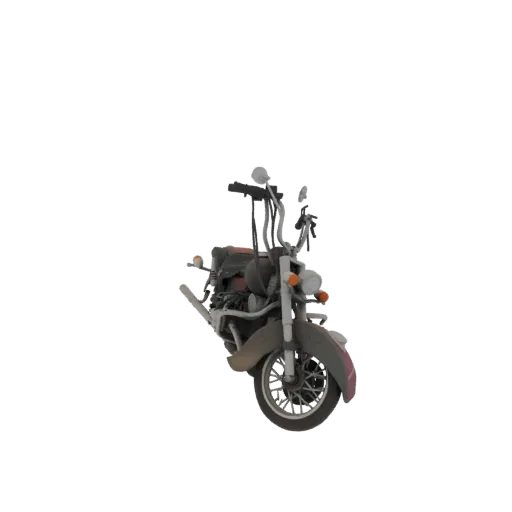 Modelo 3D de una motocicleta clásica cruiser con acabado mate desgastado, vista desde el frente-derecha.