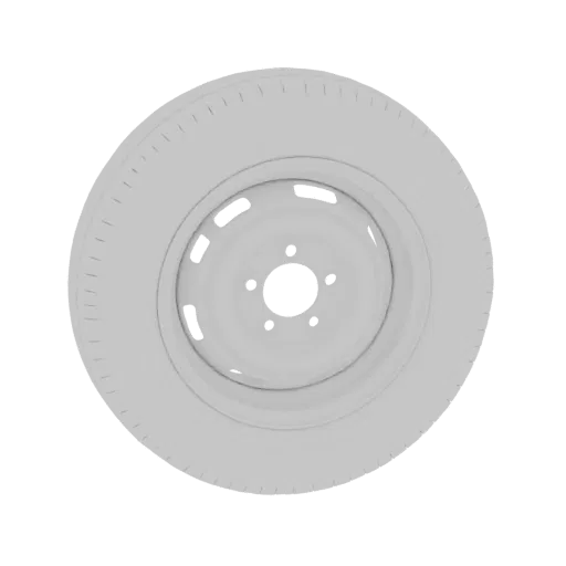 A 3D render of a classic steel wheel with a tire, viewed from the front.