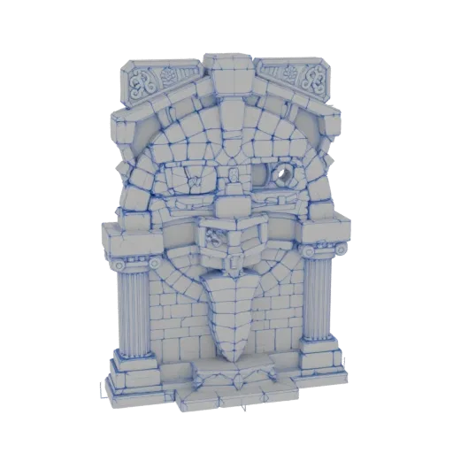 3D model of an ancient stone altar with a carved face relief and flanking columns, rendered in a neutral grey tone.