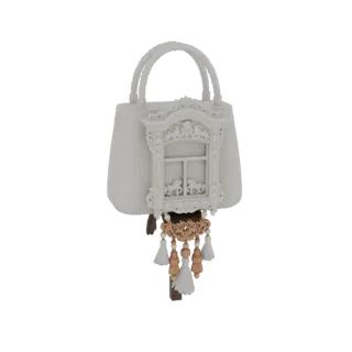 3D model of a white handbag with an ornate carved window and white tassels, presented against a white background.
