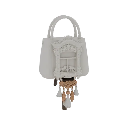 Modello 3D di una borsa bianca con una finestra intagliata ornata e nappe bianche, presentato su uno sfondo bianco.