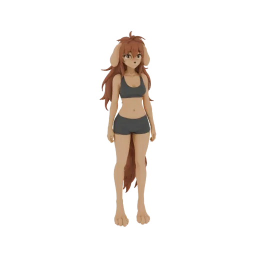 3D model of an anime dog girl with brown hair, wearing a sports bra and shorts, standing and looking forward.